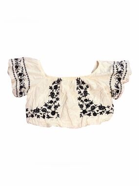 Embroidered Off-Shoulder Crop Top with Black Floral Detail